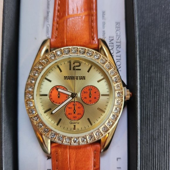 Manhattan Watch By Croton Genuine Leather Orange Ladies Watch - Picture 2 of 4